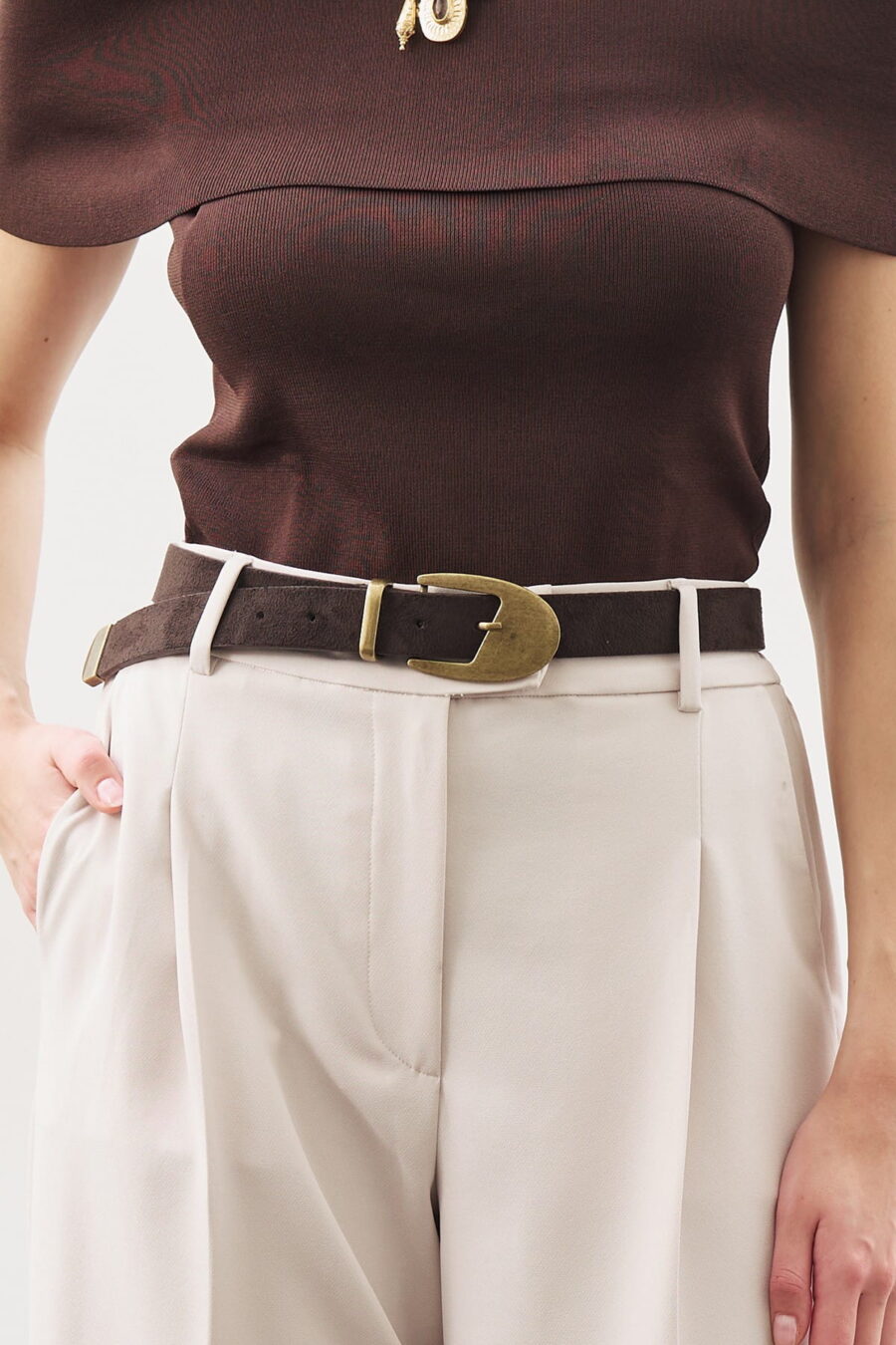 Antique buckle thin belt brown