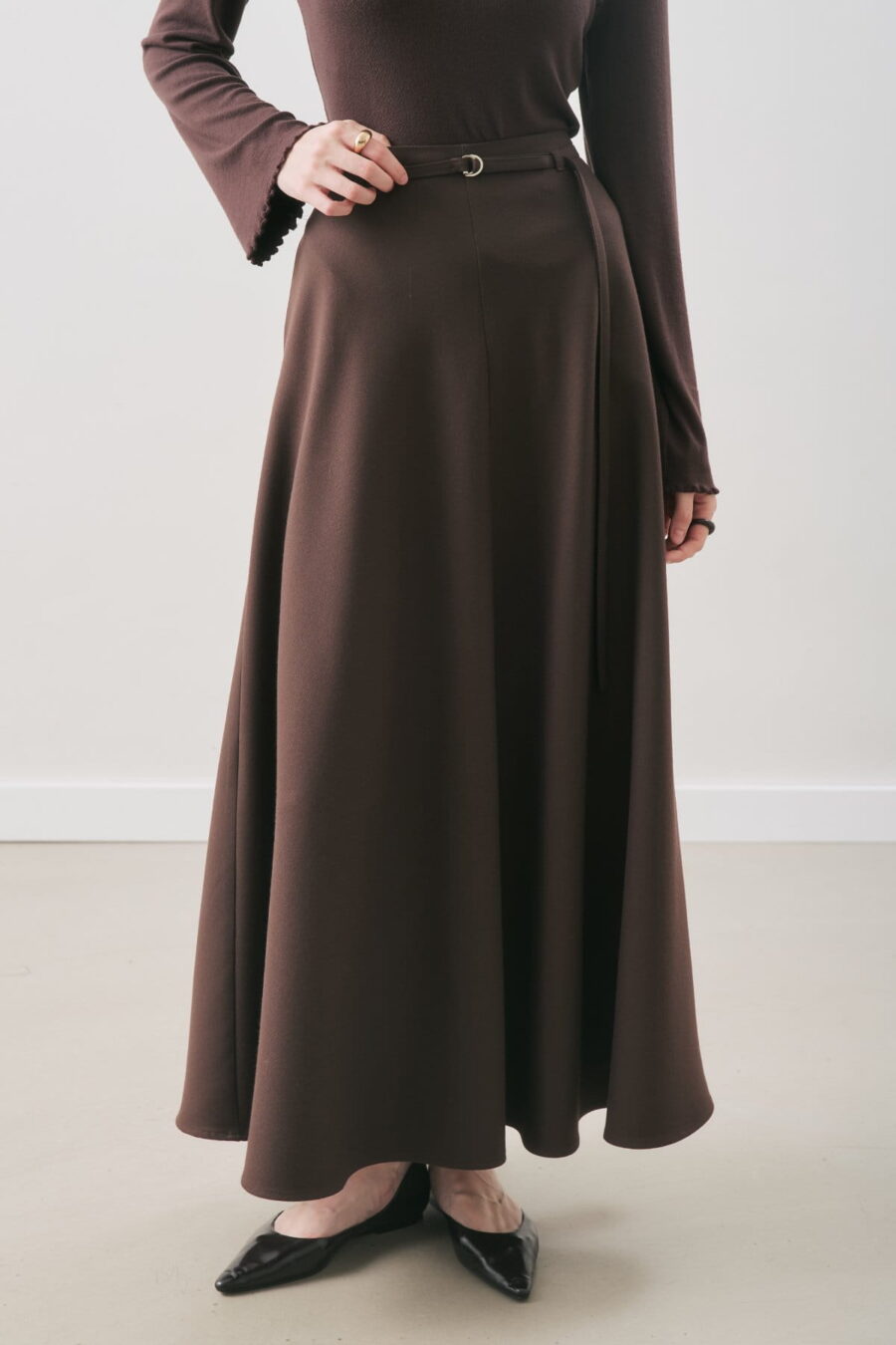 Flared skirt with belt detail bitter brown