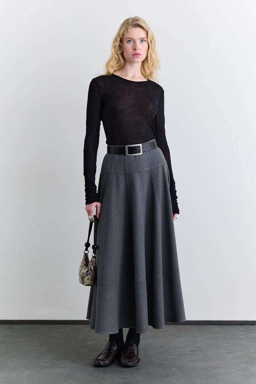 Grey high-neck blazer with skirt suit