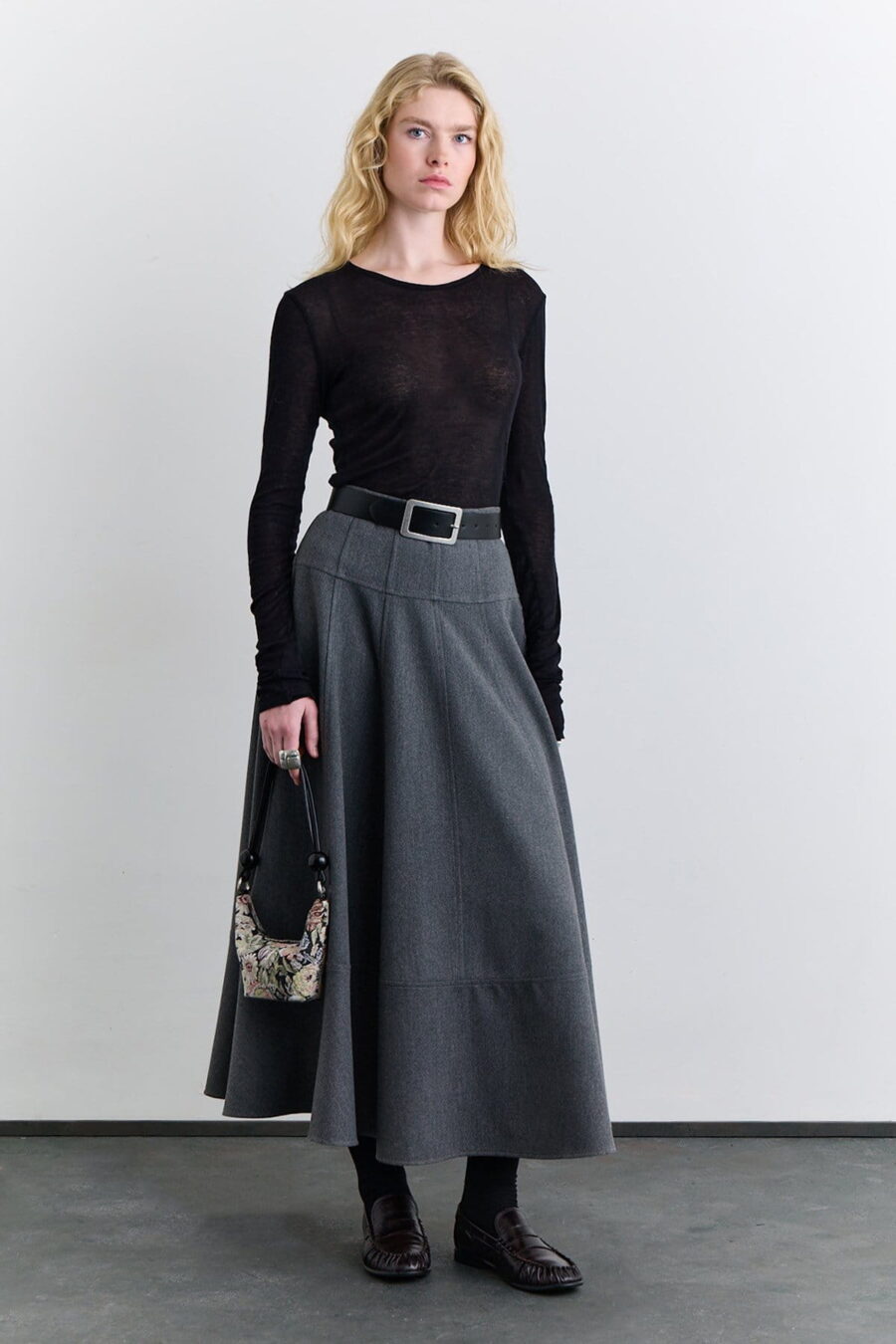 Grey high-neck blazer with skirt suit