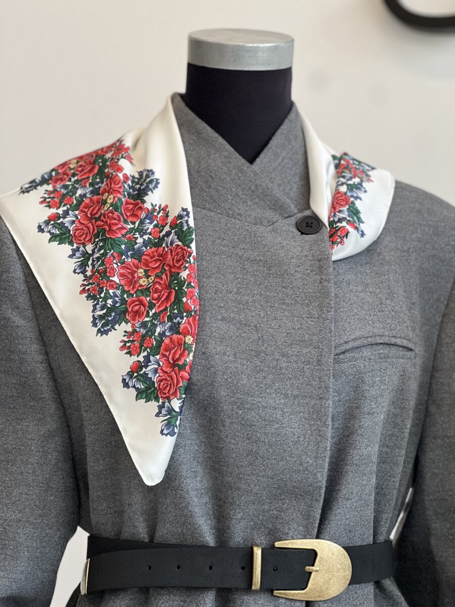 Grey high-neck blazer with skirt suit