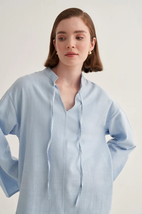 Blue organic cotton v-neck blouse