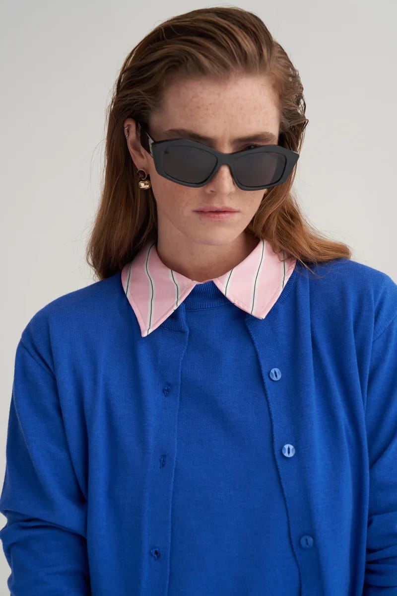 Cobalt blue viscose knitwear t-shirt cardigan set