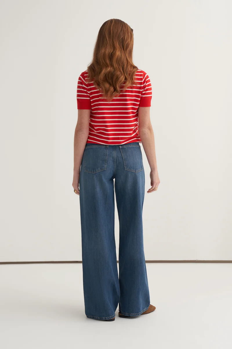 Ecru striped viscose knitwear t-shirt cardigan set