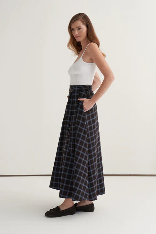 Blue plaid flared skirt