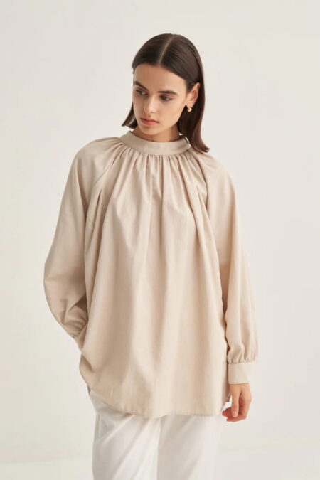 Beige collared poplin blouse