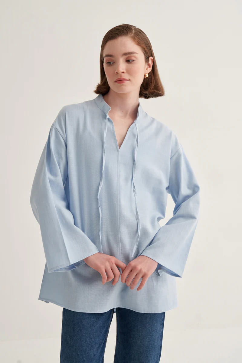 Blue organic cotton v-neck blouse
