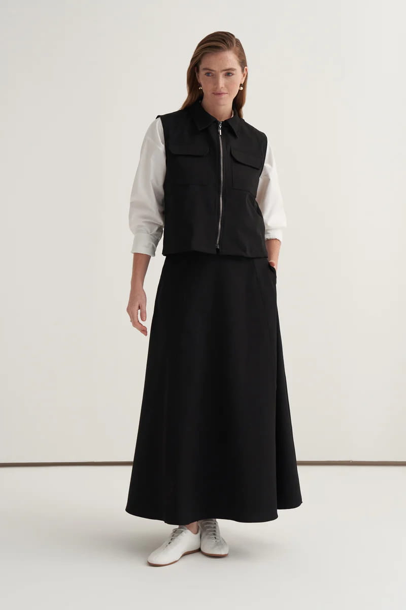 Black gabardine vest skirt suit