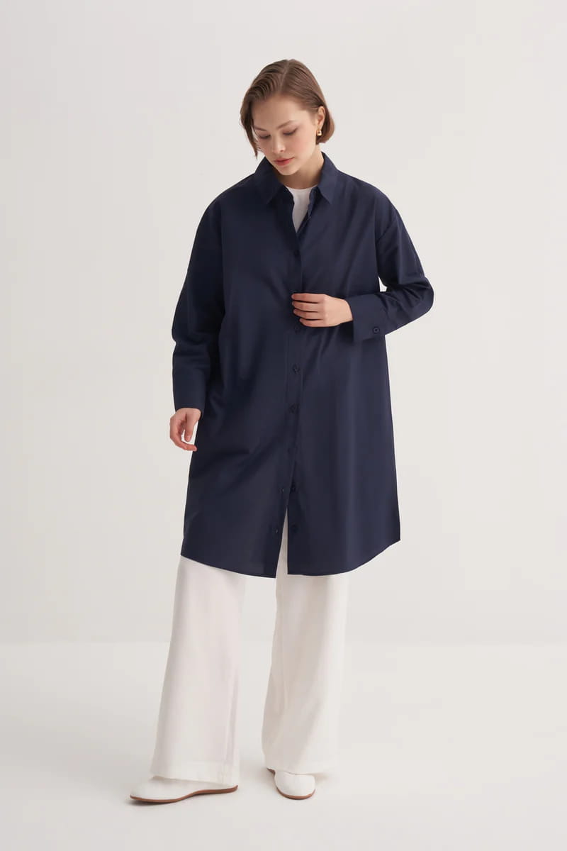 Navy poplin basic long shirt