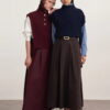 Brown gabardine double-pleated skirt