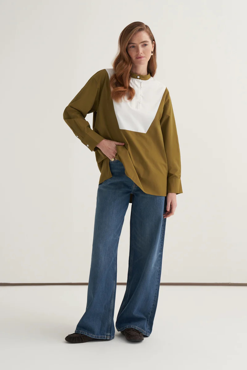 Olive green high-neck detail shirt