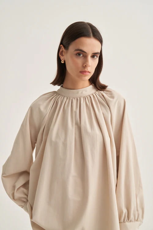 Beige collared poplin blouse