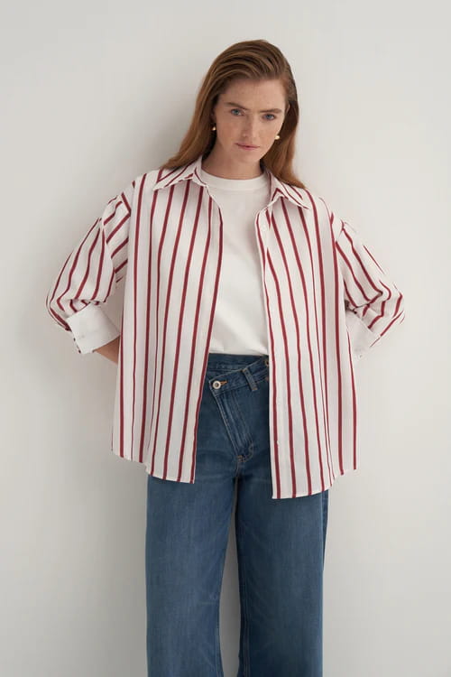 Burgundy striped poplin contrast-cuff shirt