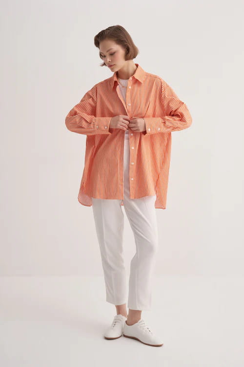Orange striped oversized poplin yoke shirt