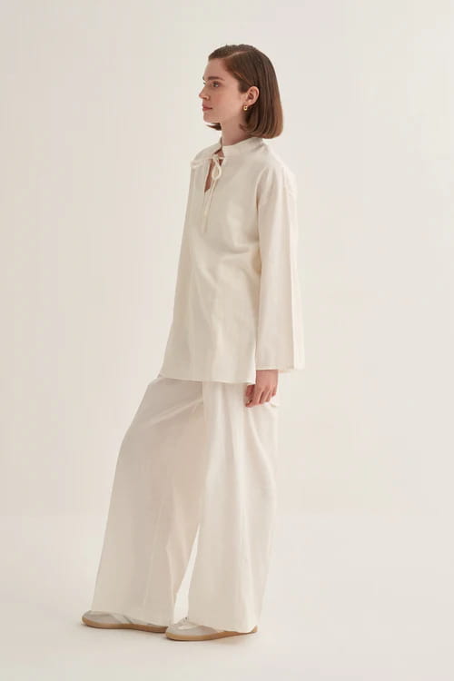 Ecru organic cotton v-neck blouse