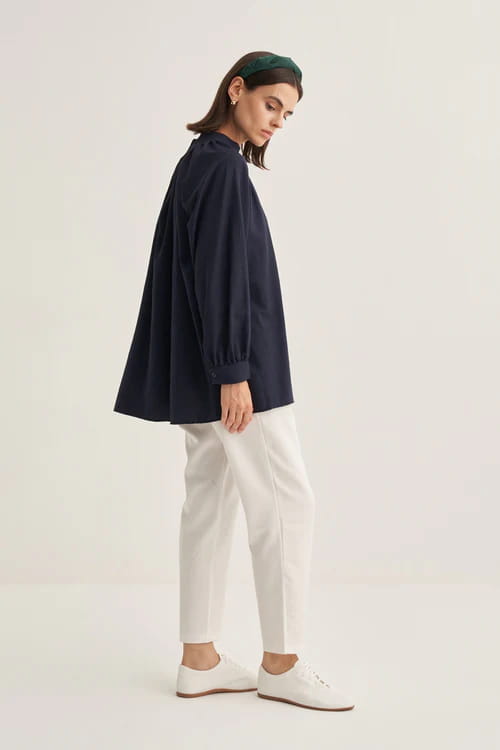 Navy collared poplin blouse