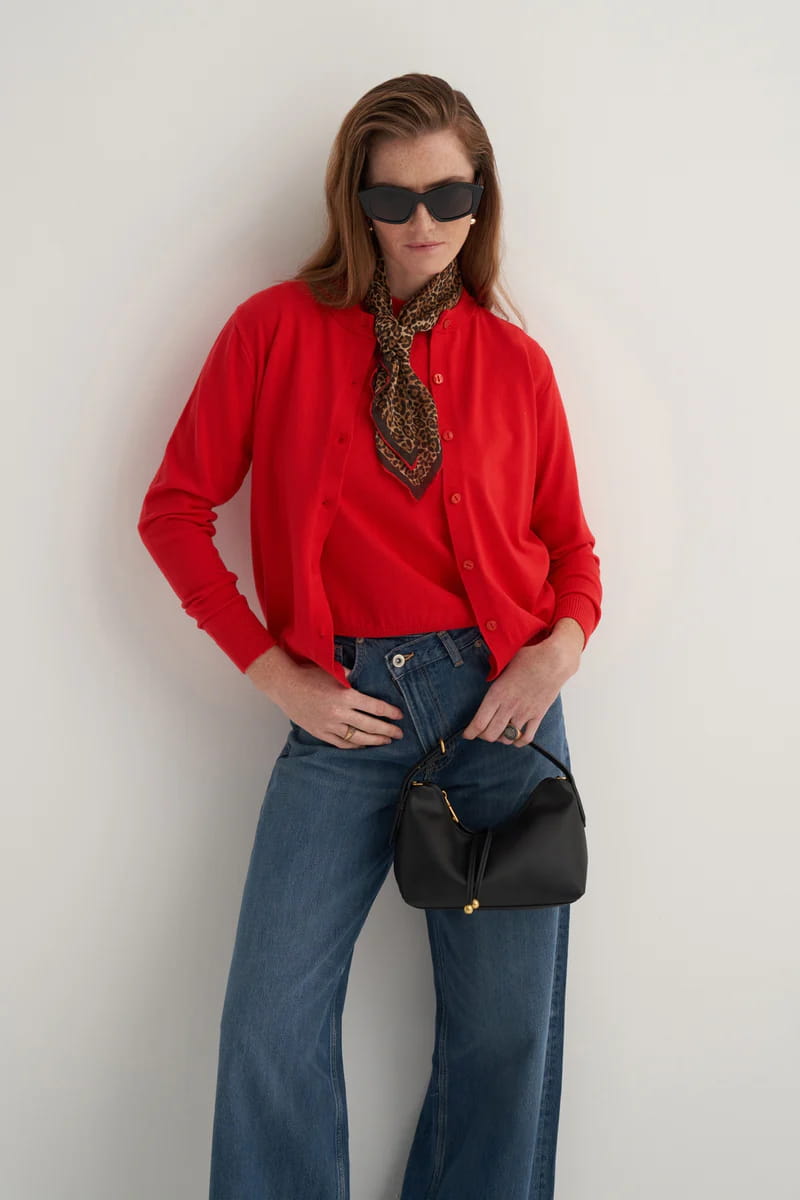 Red viscose knitwear t-shirt cardigan set
