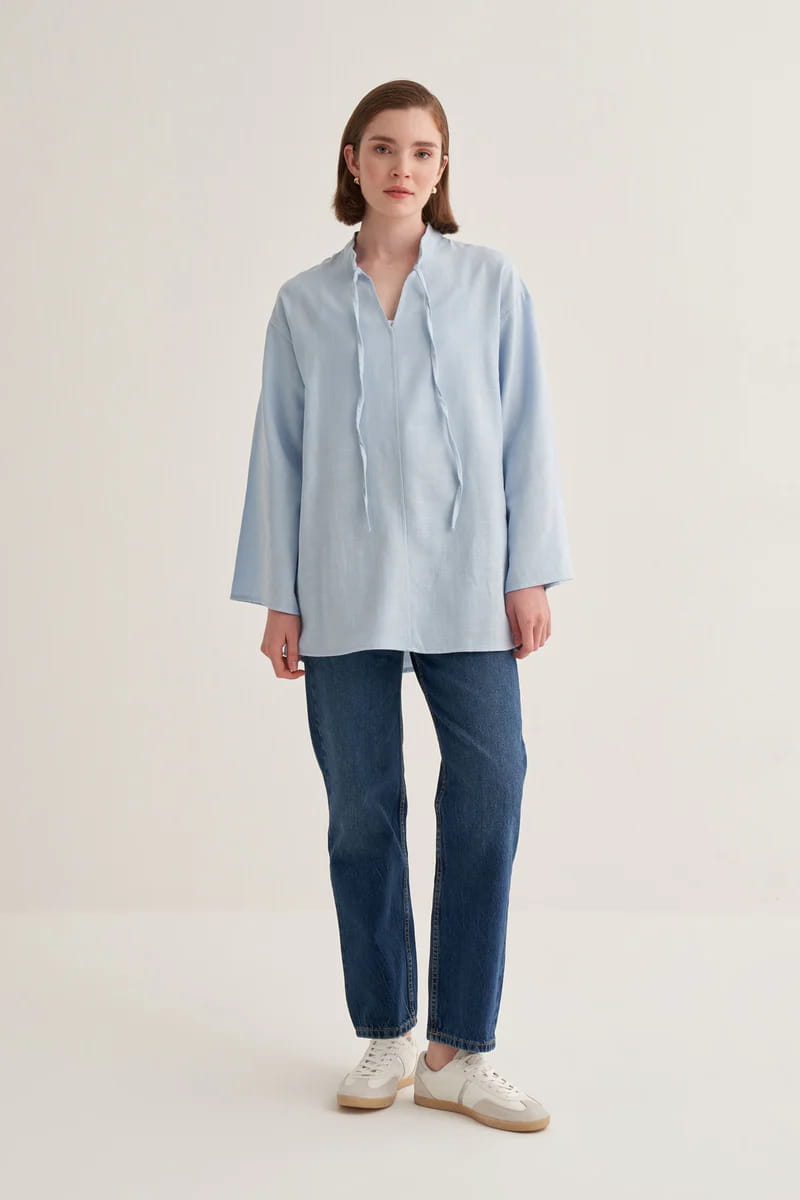 Blue organic cotton v-neck blouse