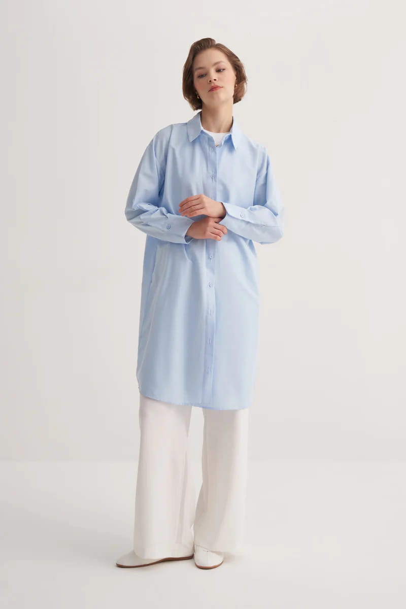 Blue poplin basic long shirt