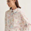 Ecru spring print oversized poplin cropped shirt
