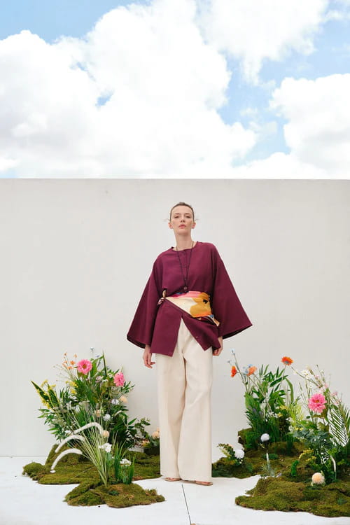 Burgundy draped cotton kimono shirt