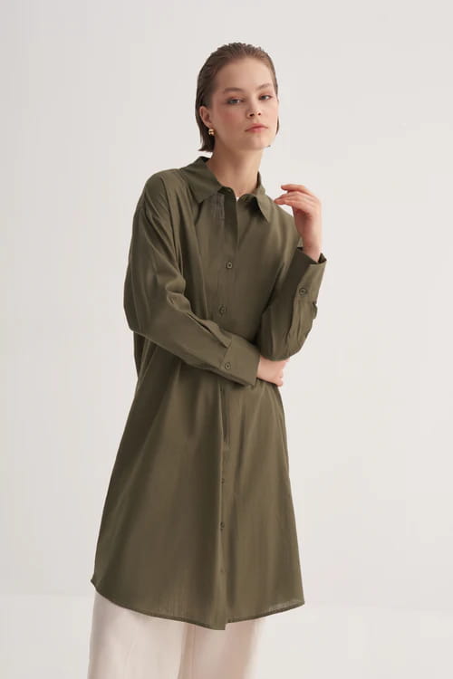 Khaki organic cotton long basic shirt