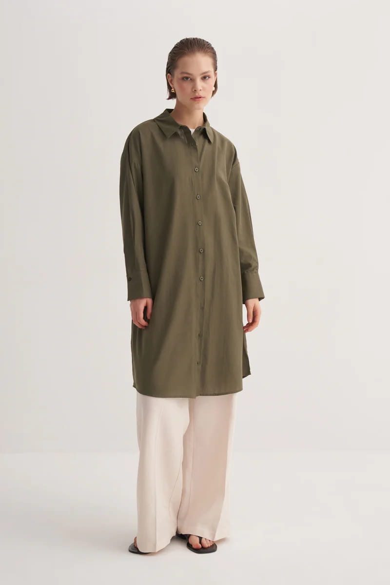 Khaki organic cotton long basic shirt