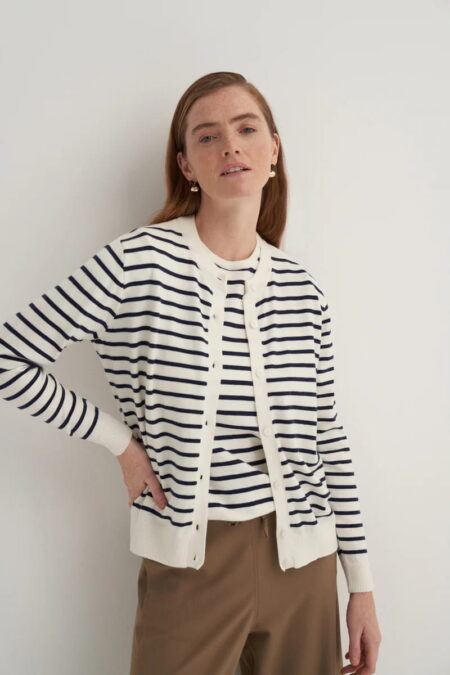 Navy striped viscose knitwear t-shirt cardigan set