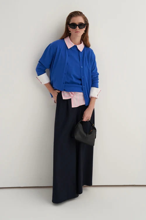 Cobalt blue viscose knitwear t-shirt cardigan set