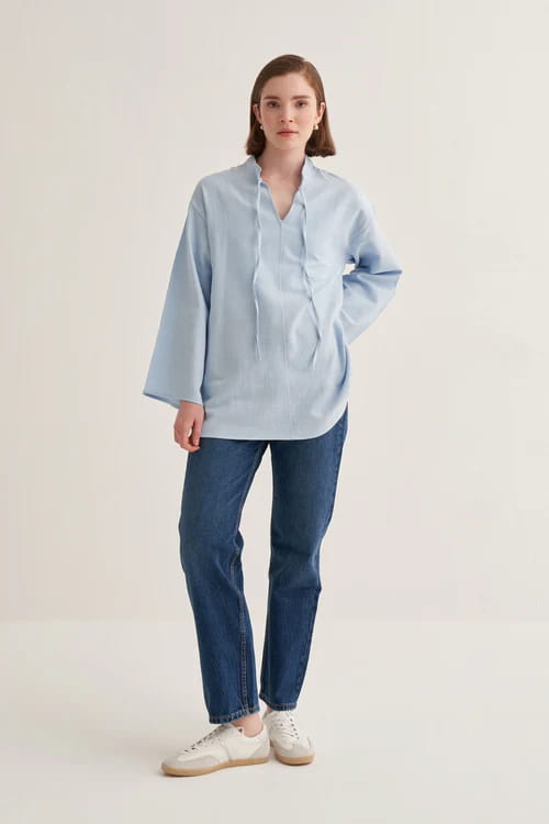 Blue organic cotton v-neck blouse