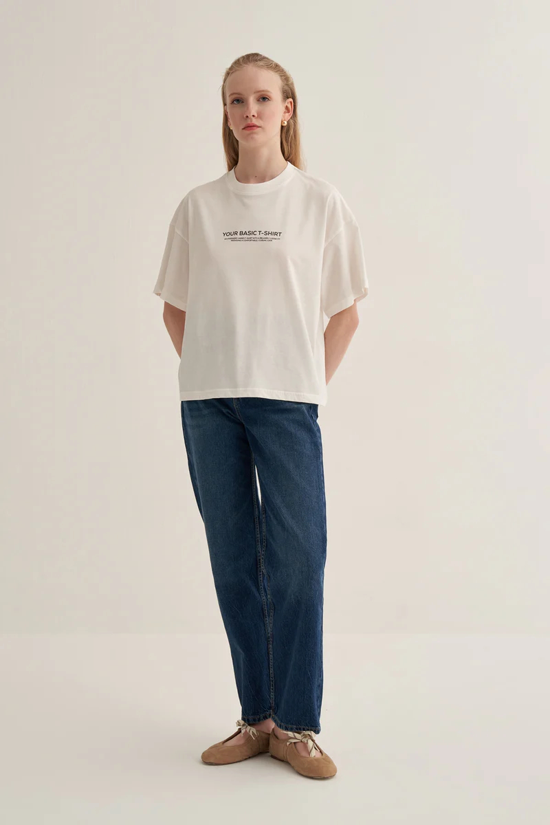 Ecru oversized text print t-shirt