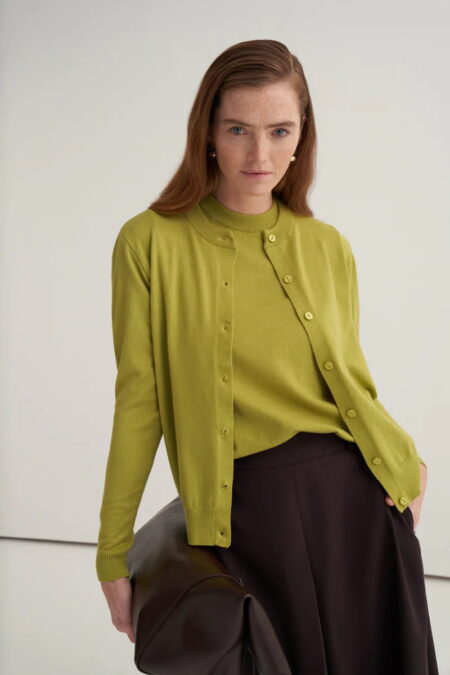 Olive green viscose knitwear t-shirt cardigan set