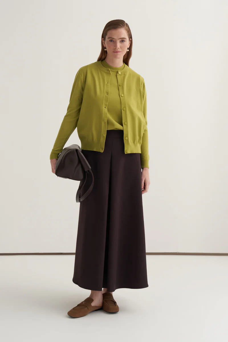 Olive green viscose knitwear t-shirt cardigan set