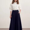 Navy blue gabardine double-pleated skirt