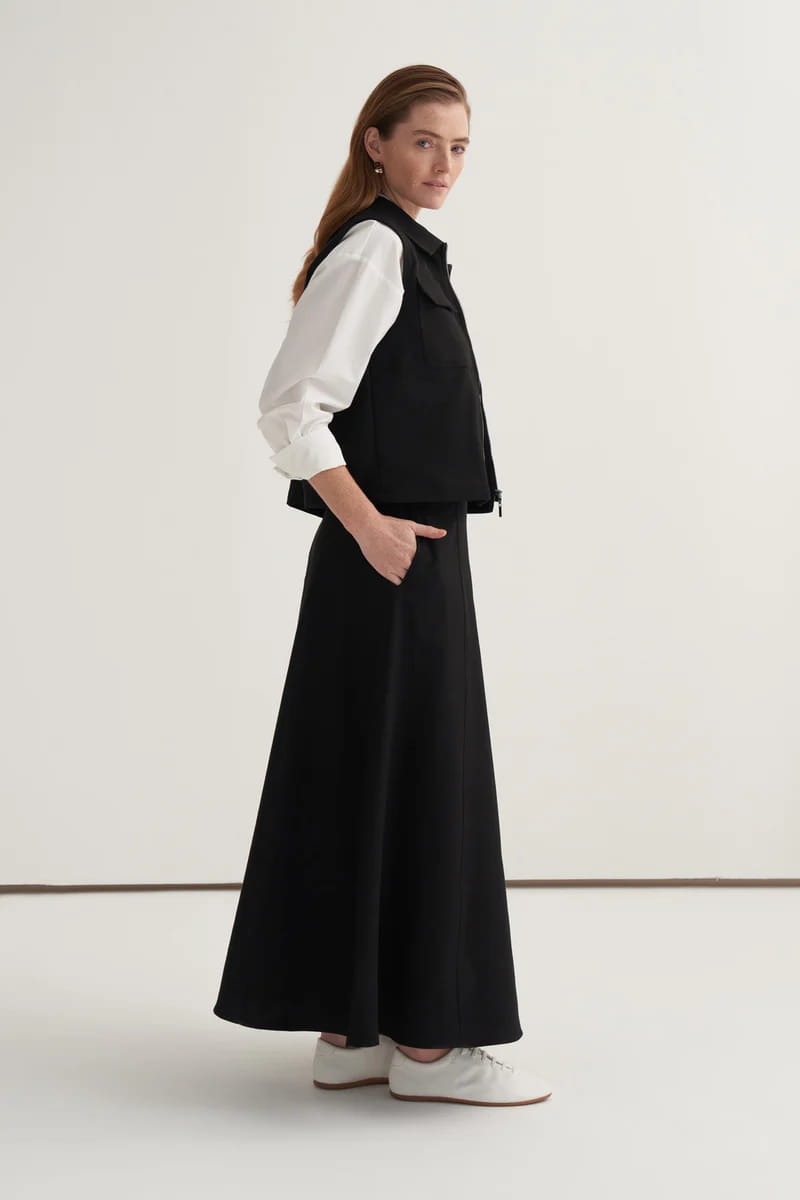 Black gabardine vest skirt suit