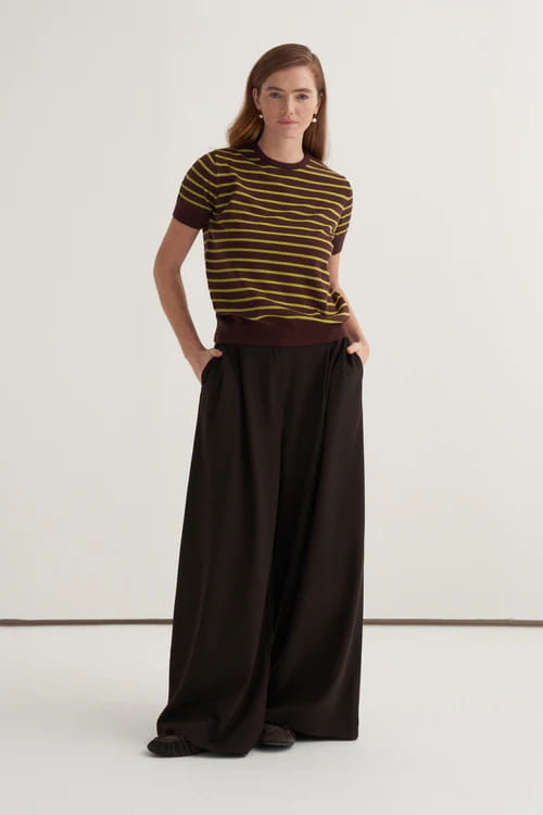 Green striped viscose knitwear t-shirt cardigan set