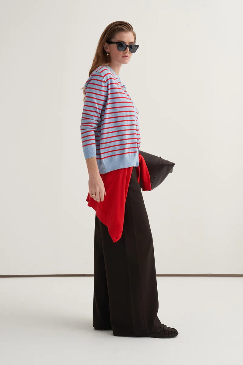 Red striped viscose knitwear t-shirt cardigan set