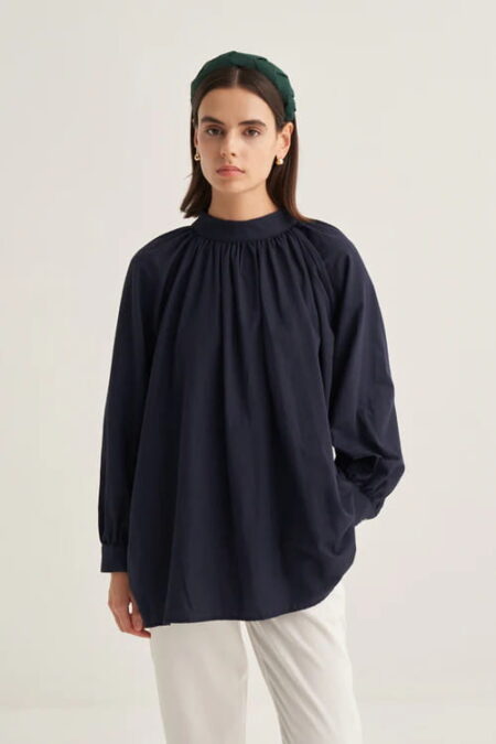 Navy collared poplin blouse