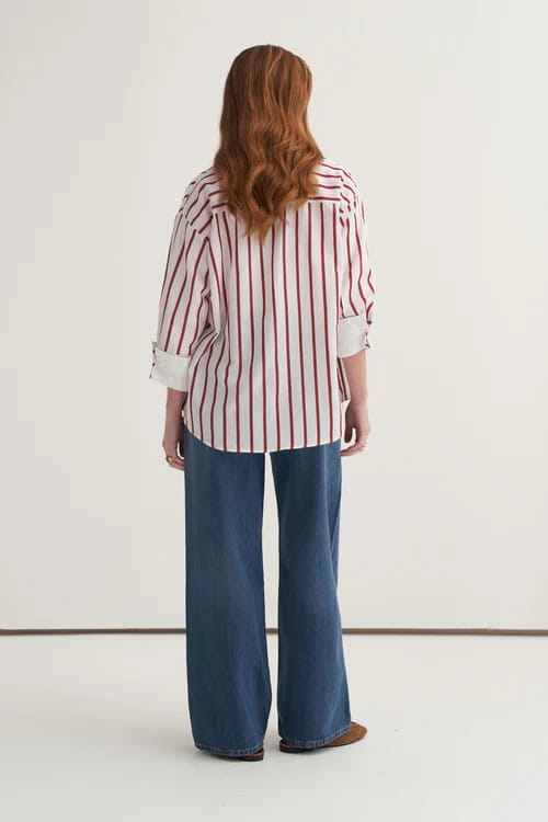 Burgundy striped poplin contrast-cuff shirt