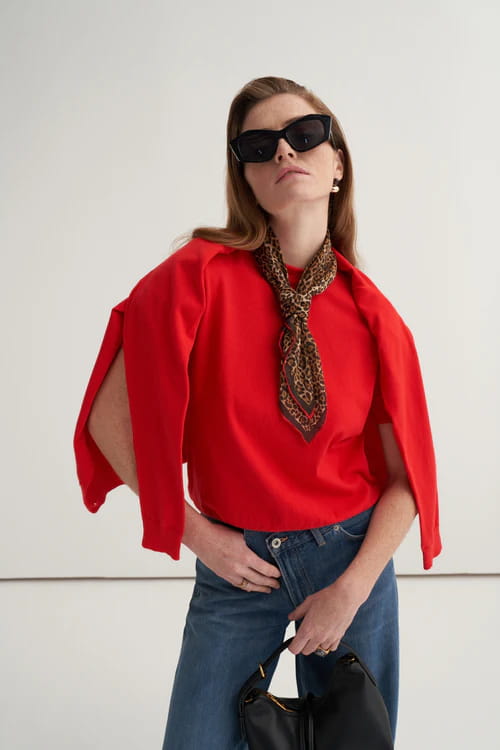 Red viscose knitwear t-shirt cardigan set