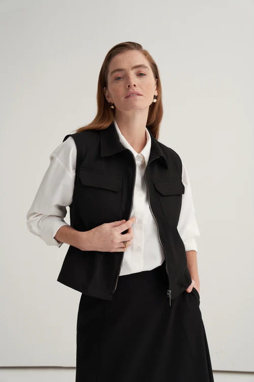 Black gabardine vest skirt suit