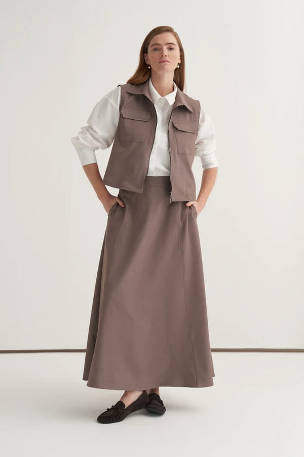 Mink gabardine vest skirt suit
