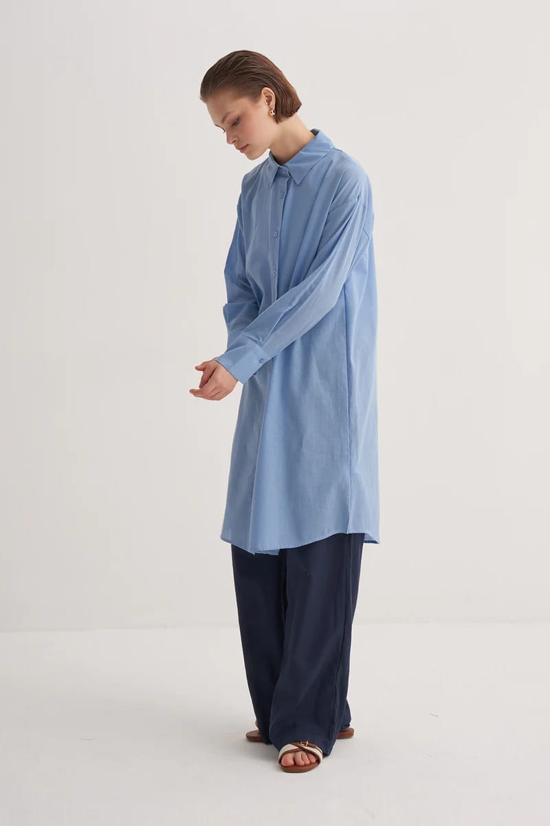 Blue organic cotton long basic shirt