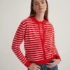 Ecru striped viscose knitwear t-shirt cardigan set