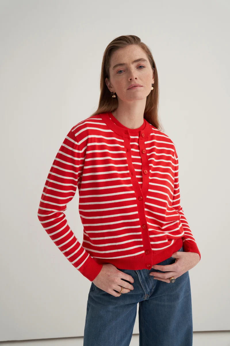 Ecru striped viscose knitwear t-shirt cardigan set