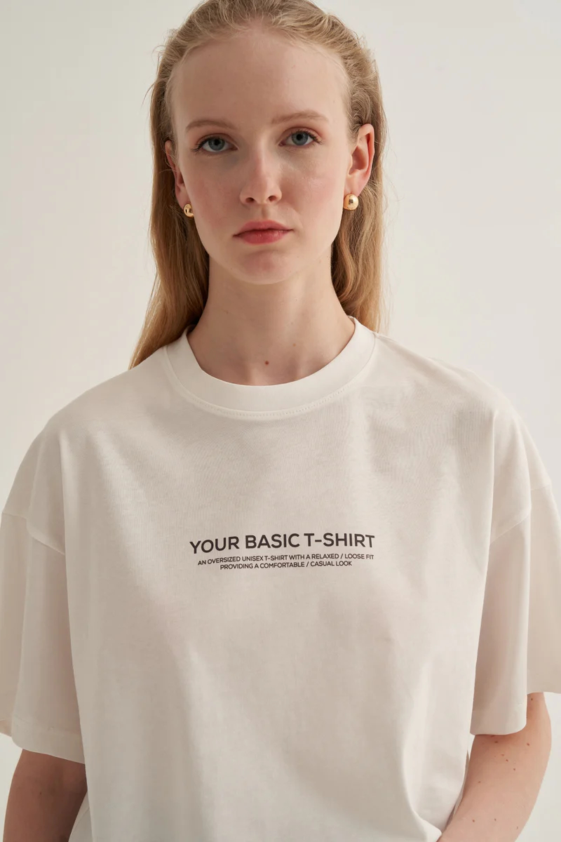 Ecru oversized text print t-shirt