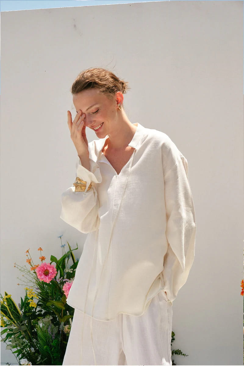 Ecru organic cotton v-neck blouse