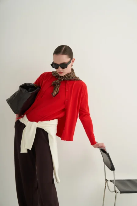 Red viscose knitwear t-shirt cardigan set