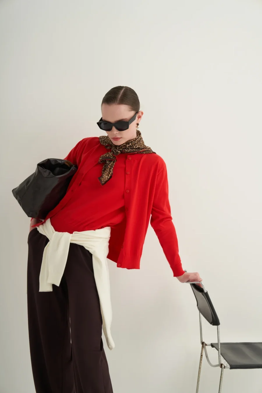 Red viscose knitwear t-shirt cardigan set