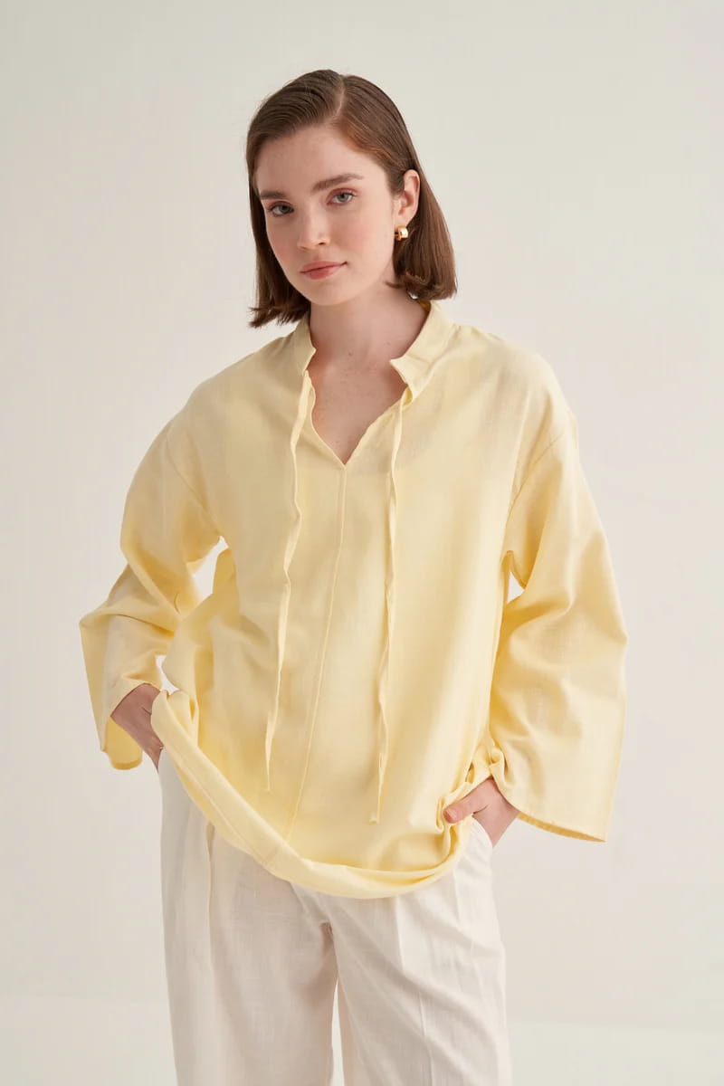 Butter yellow organic cotton v-neck blouse